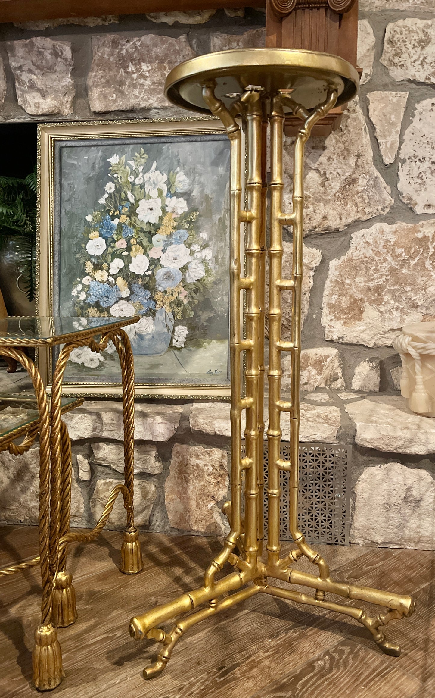 Estate Gold Tole Faux Bamboo Plant Stand, Pure Hollywood Regency Glam