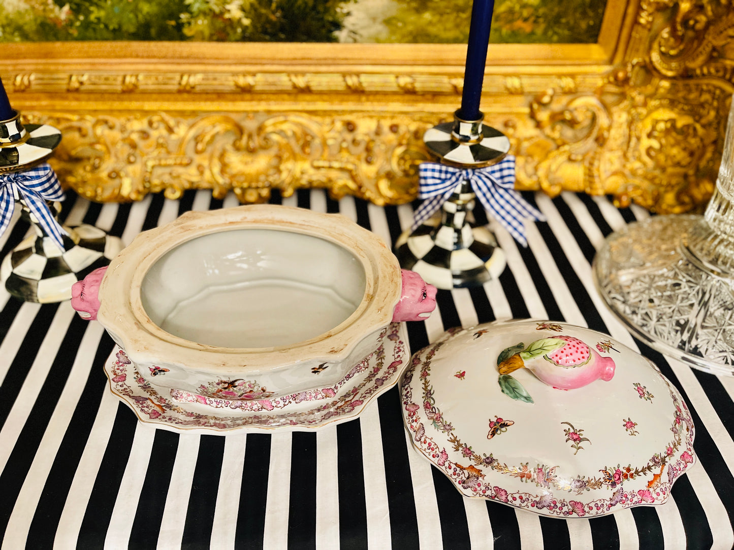 Vintage Chinoiserie Hua Ping Tang Zhi Lidded Tureen with Underplate, Pink Foo Handles, Fruit Ginial