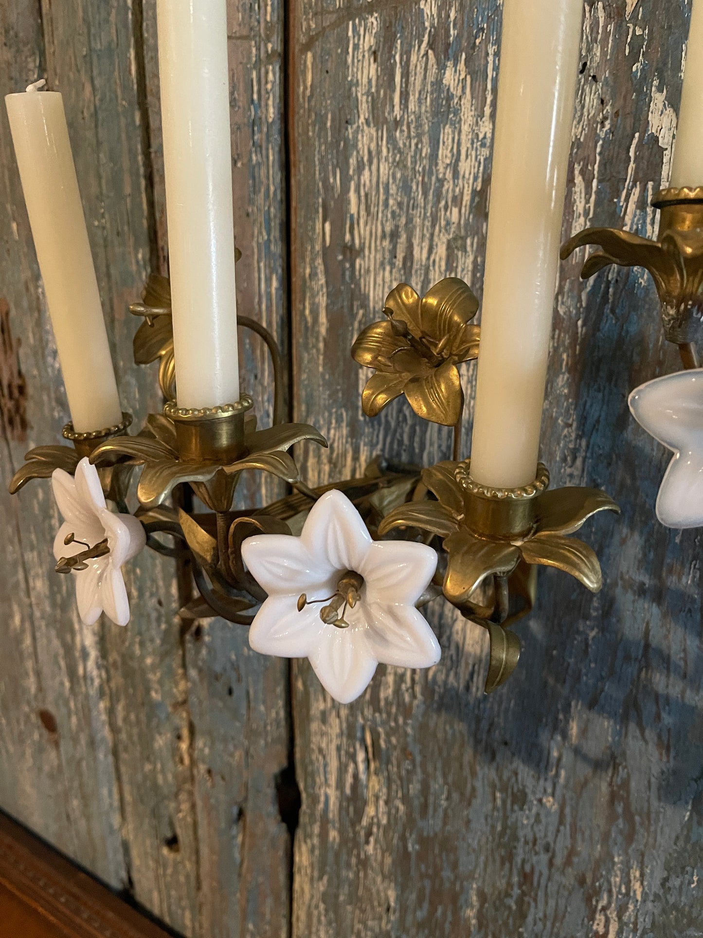 Antique French Church Gold Tole and Milk Glass Wall Sconces, Pair
