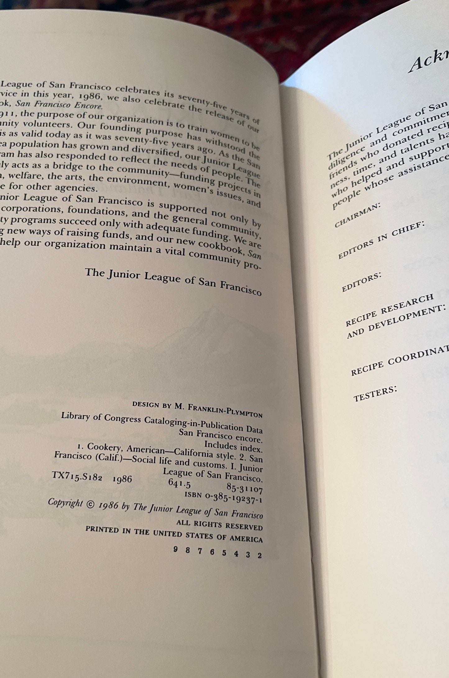 Vintage San Francisco Encore by the Junior League of San Francisco, 1986 First Printing
