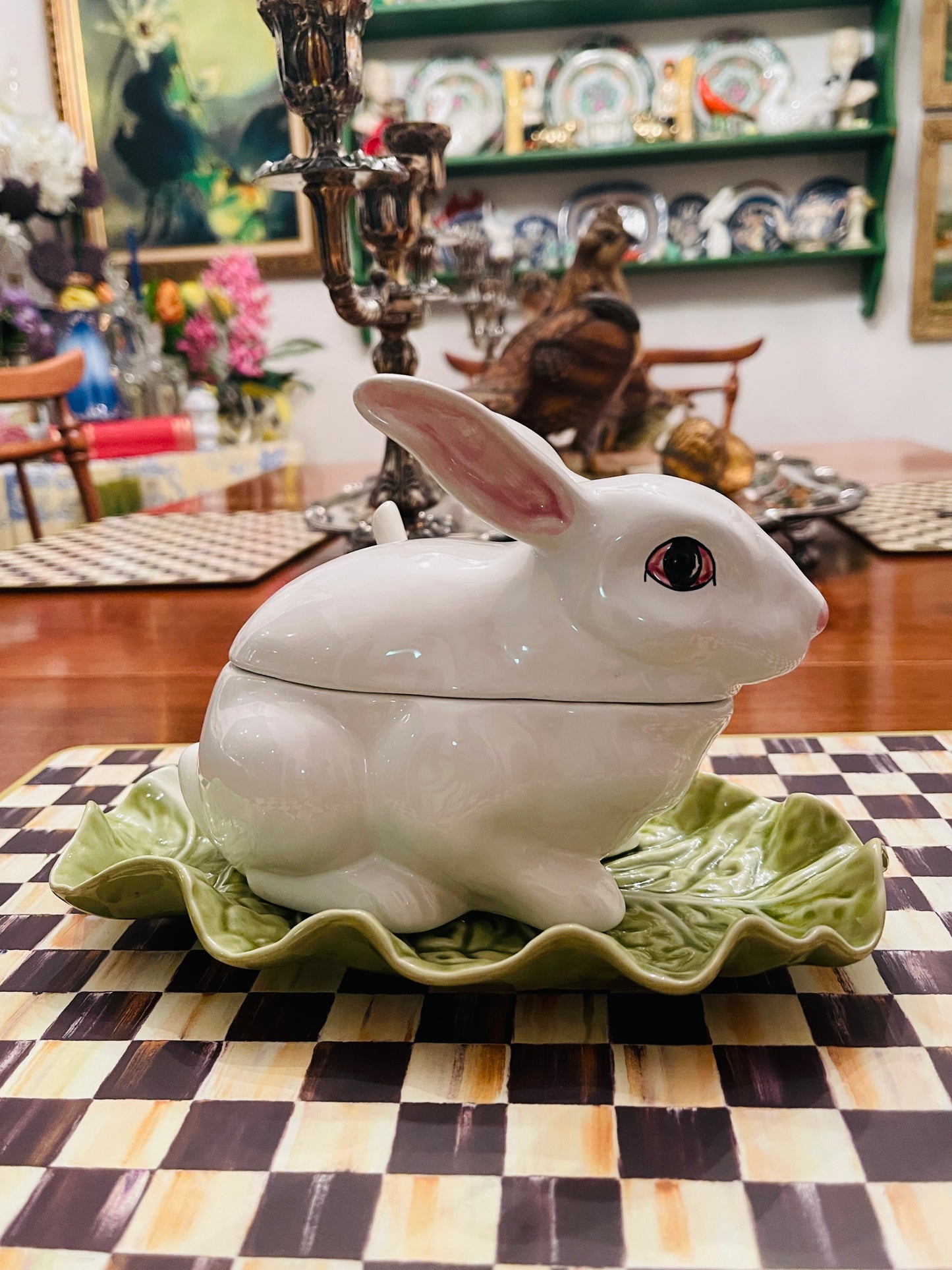 Vintage Bordallo Pinheiro Rabbit Saucier Dish on Cabbage Leaf Under Plate with Ladle