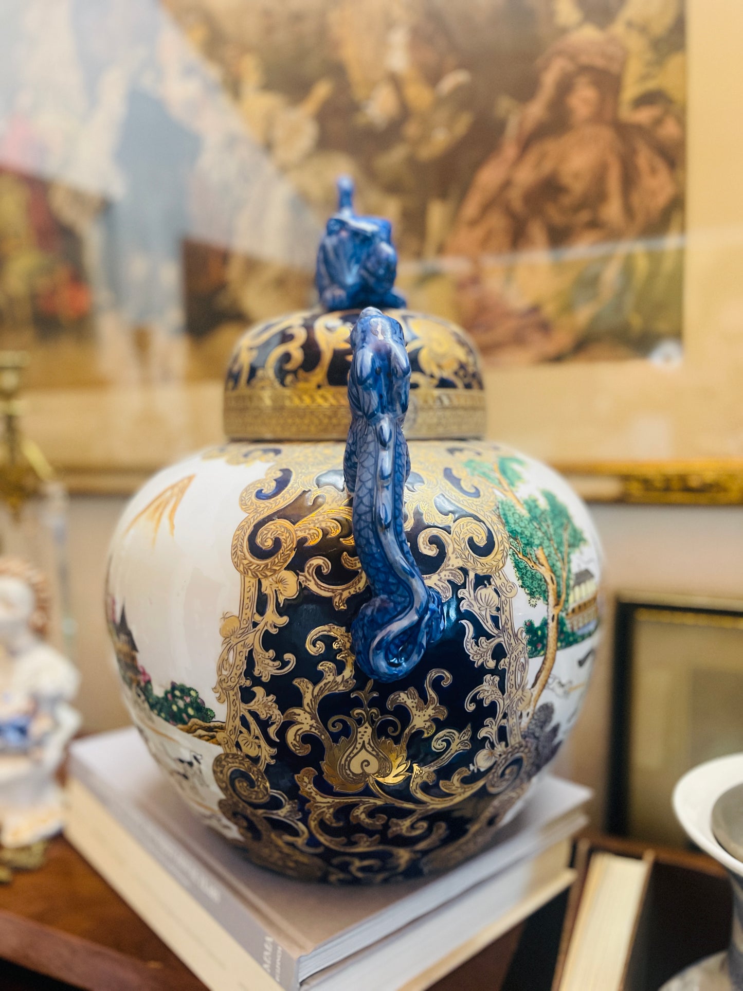 Chinoiserie 15”Ginger Jar, Colonial Hunt Scene, 20th Century