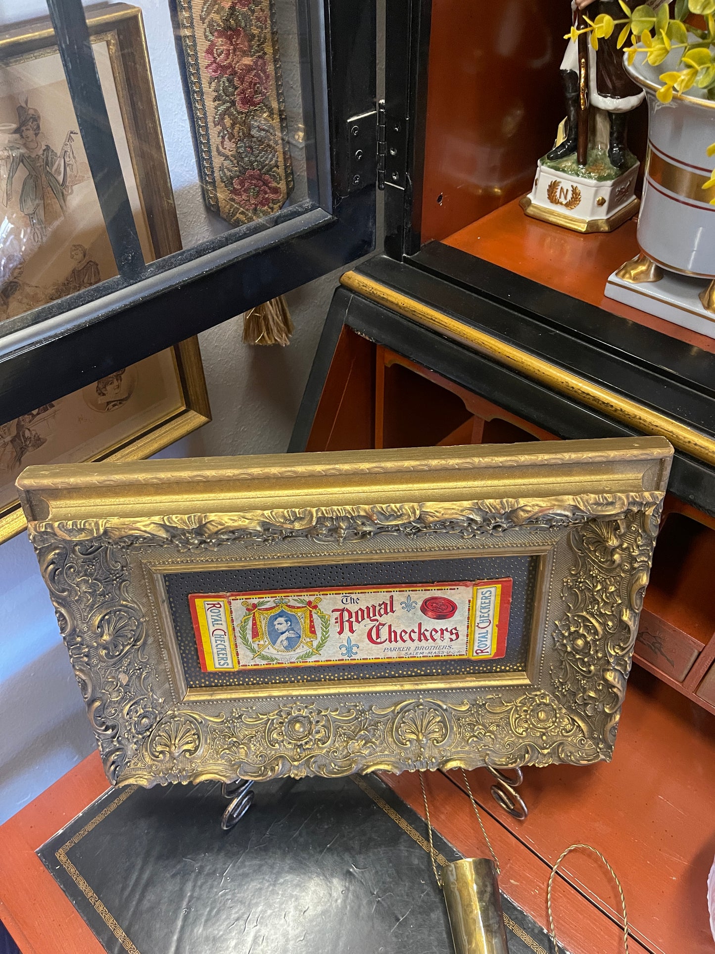 Vintage Royal Checkers Box Lid with Napoleon Bonaparte, Ornate Gold Frame