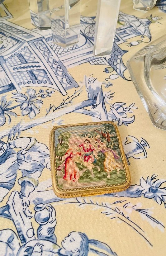Vintage Petit Point Powder Compact, c. 1930s, Estate Vanity Decor