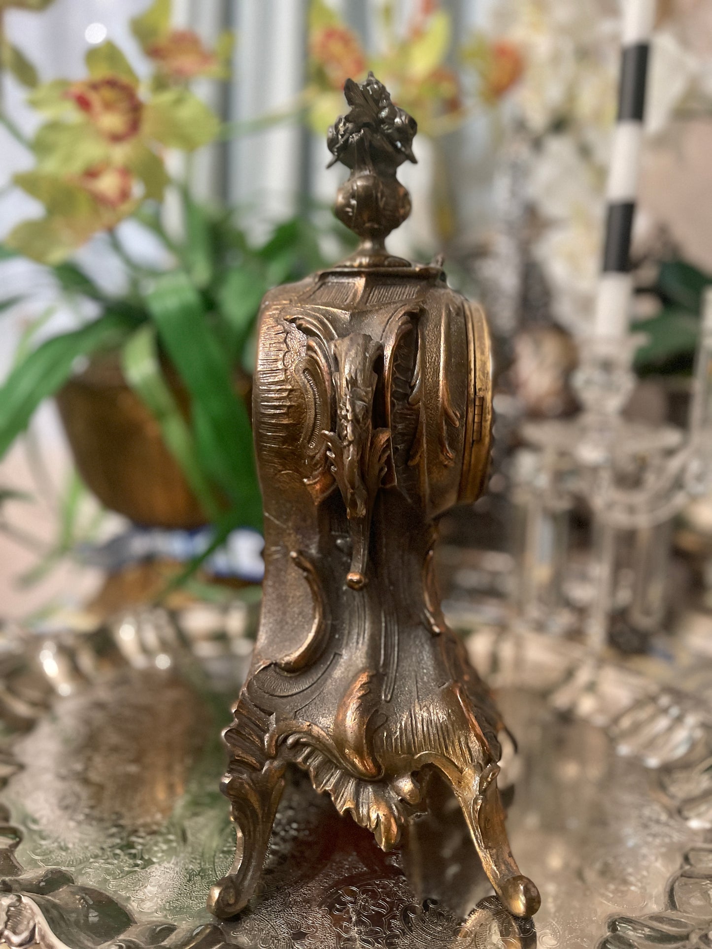 Antique French Ormolu Bronze Mantel Clock with Hand Painted Porcelain Adornment