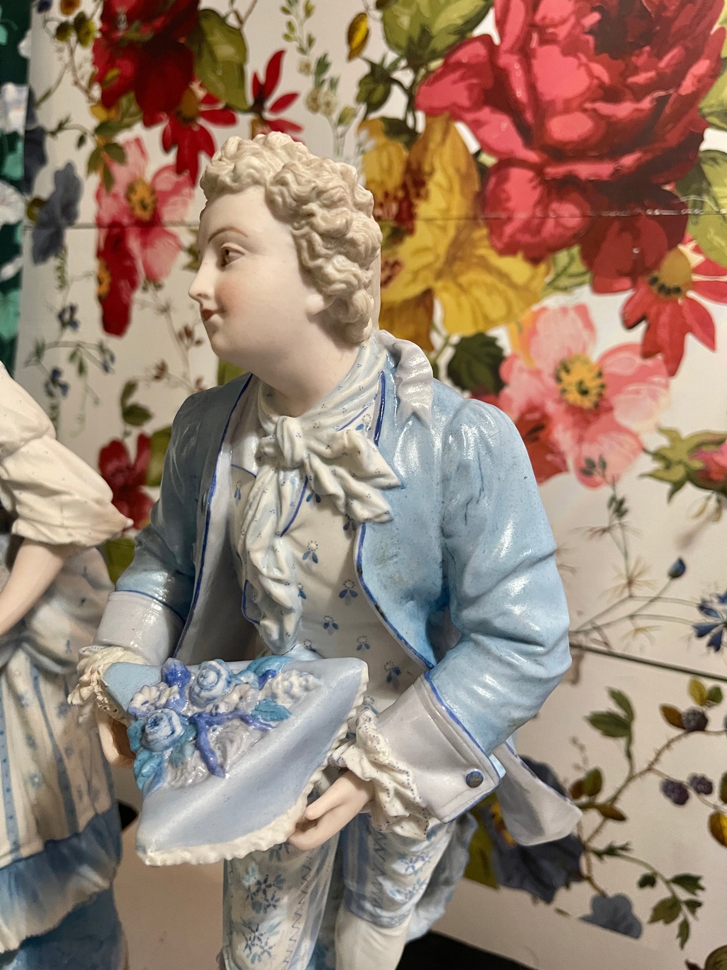 Blue and White French Figural Porcelain Statuettes, European Porcelain Bisque, Hand Painted