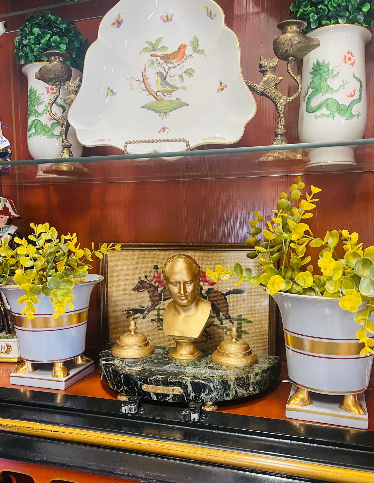 Porcelain Empire Footed Urns, Gilt Detail, Pair, Vintage
