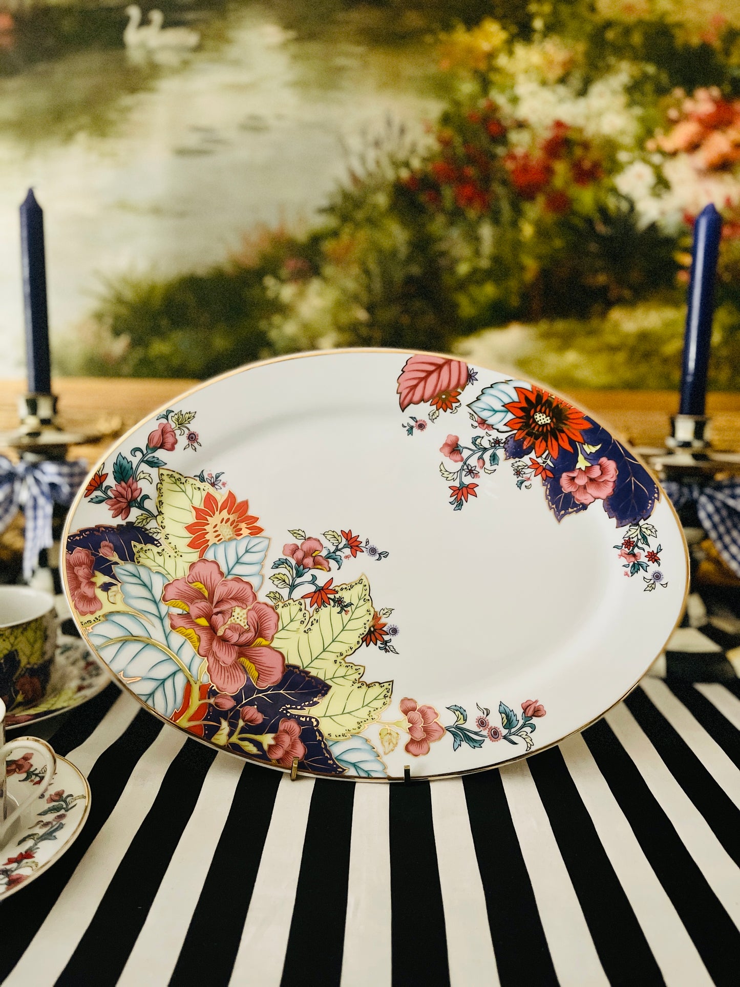 Imperial Leaf Tobacco Leaf Oval Serving Platter, Gold Rim