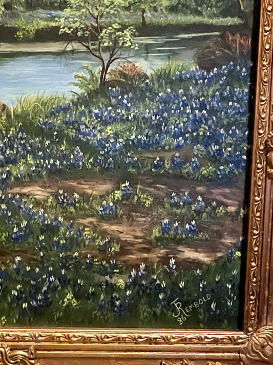 Bluebonnets by the Brazos, Signed by J. Rembold (1941-2010) Bluebonnet Painting, Texas Art