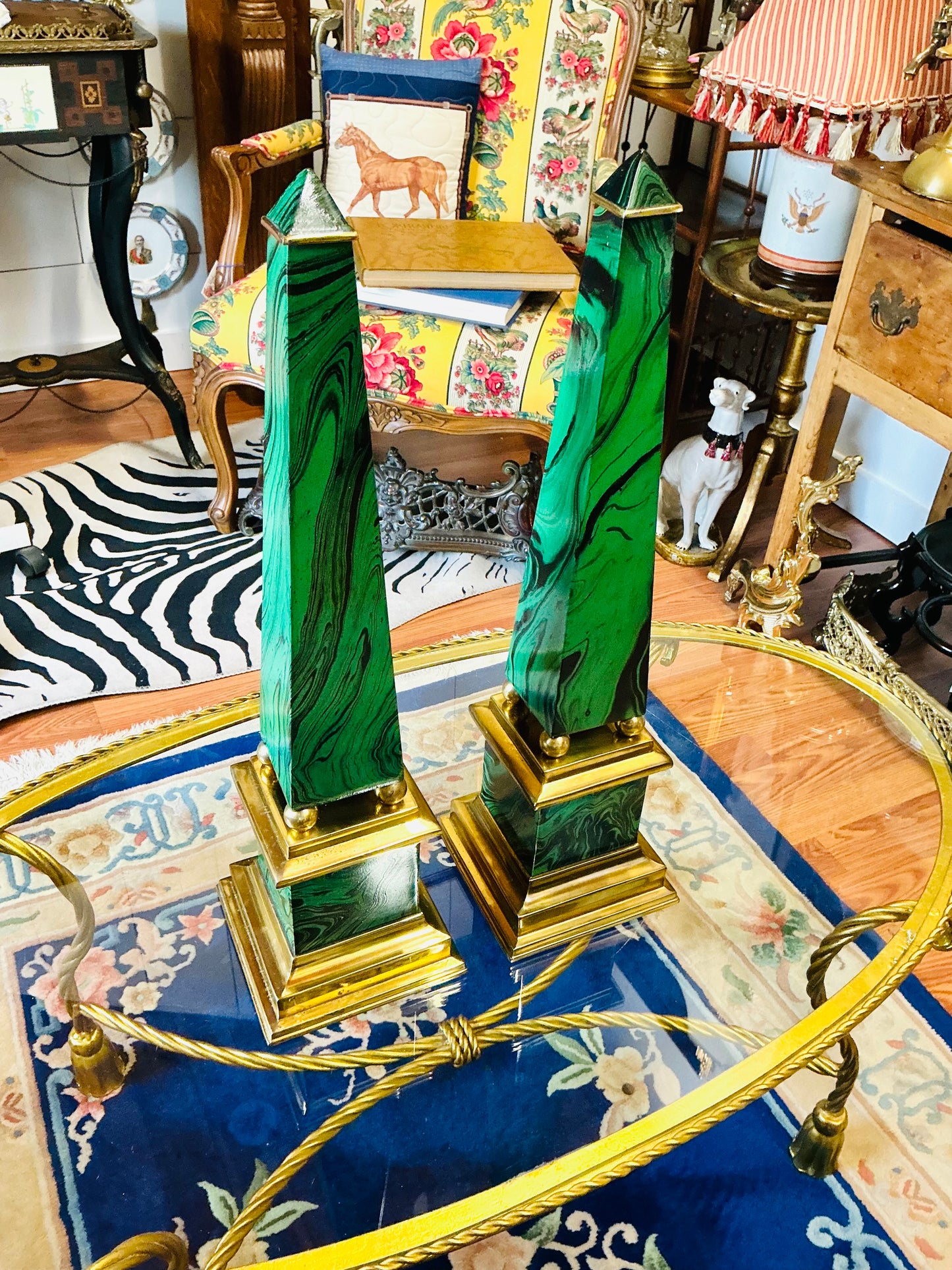 Vintage Faux Malachite and Brass Obelisks Pair