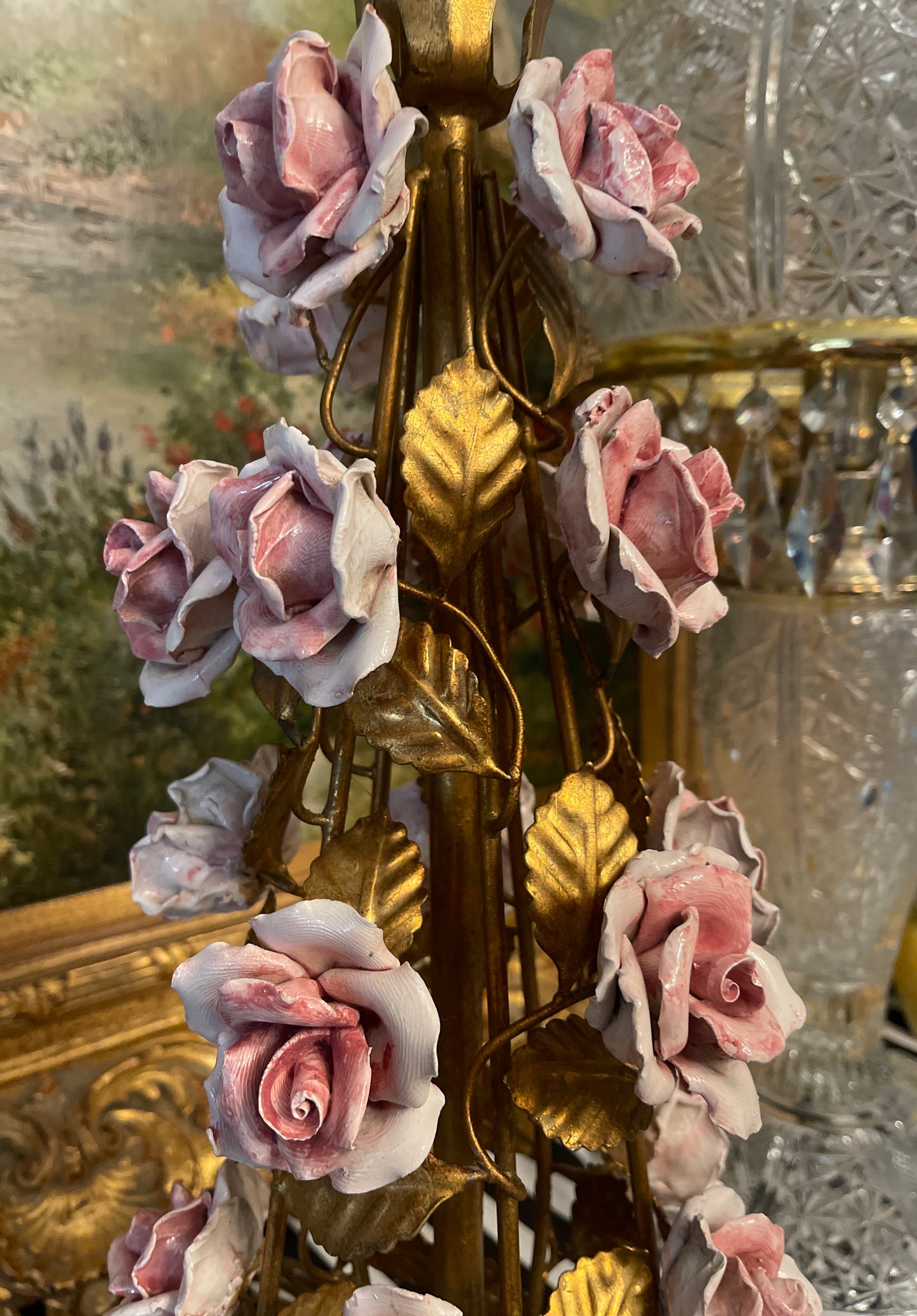 Vintage Italian Gilt Tole Lamp with Pink Porcelain CAPOdimonte Roses