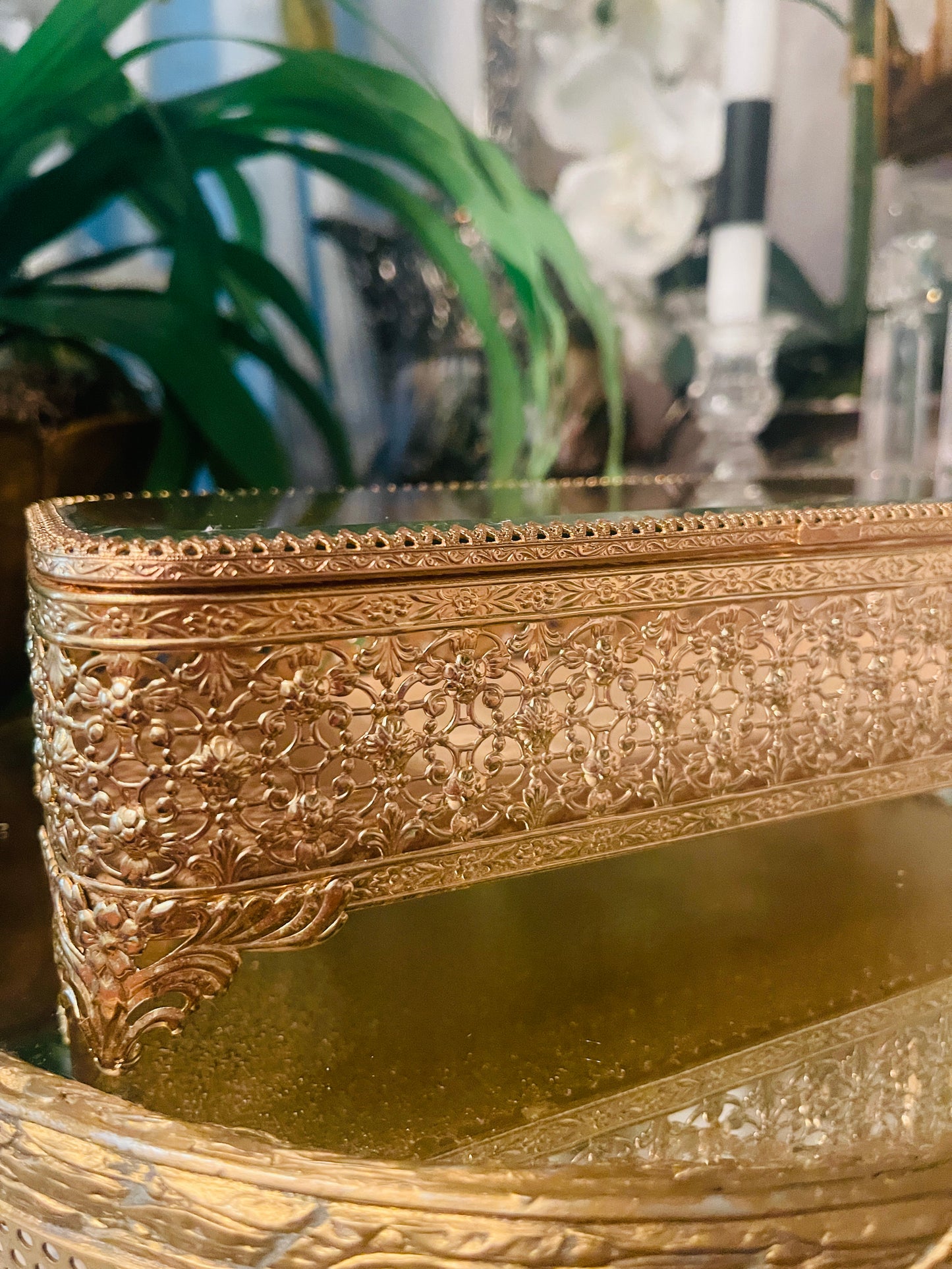 Ornate Ormolu & Beveled Glass Jewelry Casket Box — Vintage Filigree Vanity Treasure