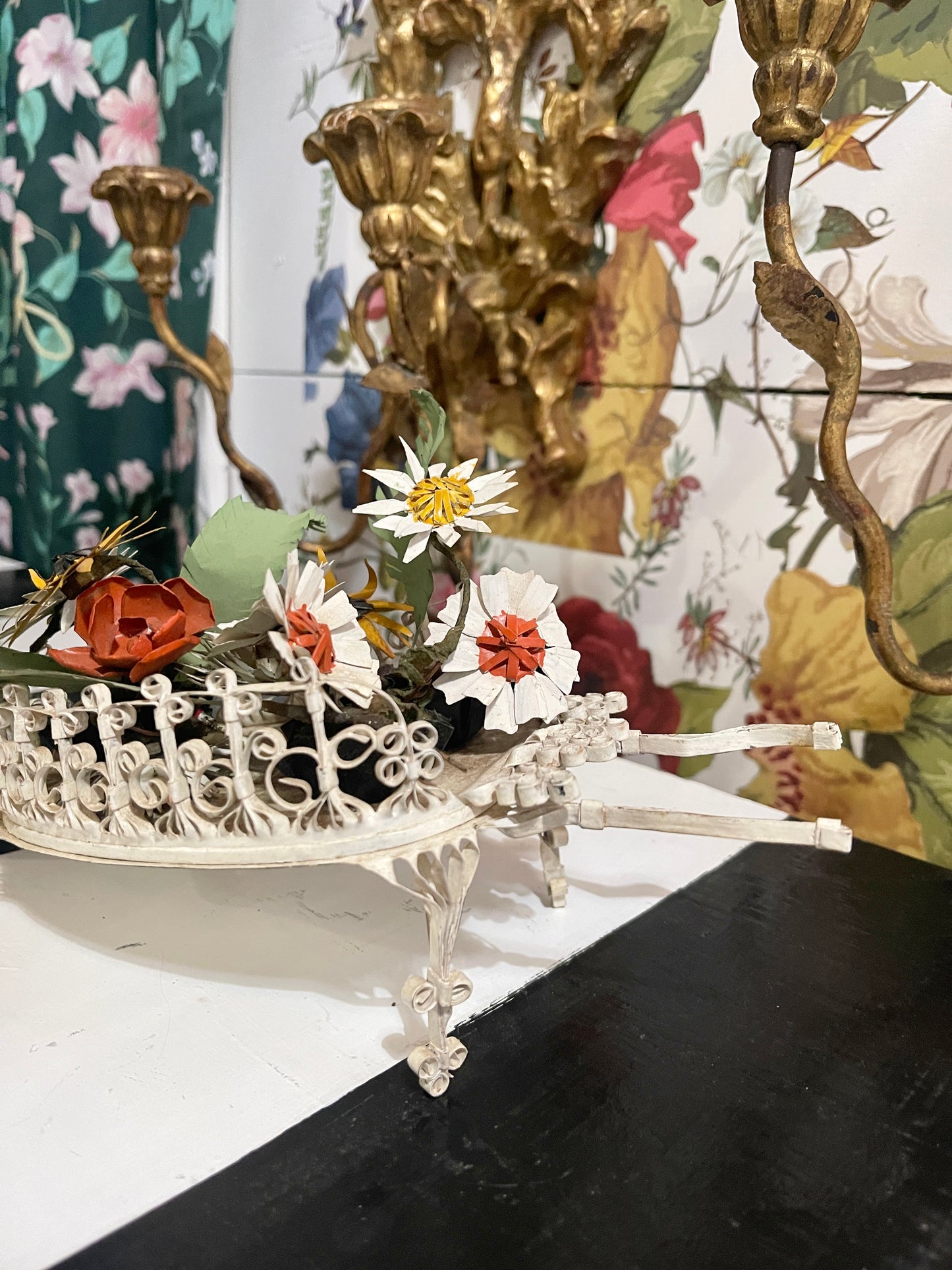 Vintage Tole Wheelbarrow with Flowers and Frawns