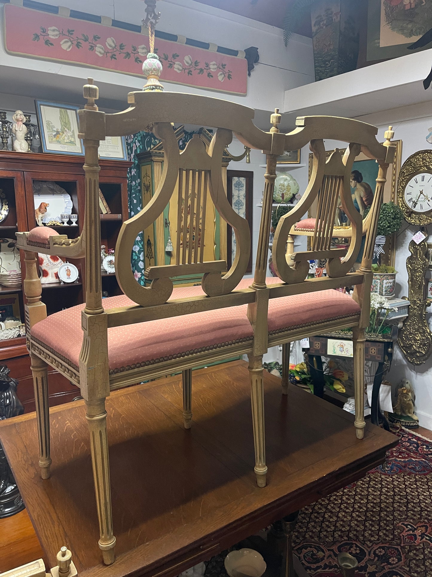 Antique Neoclassical Lyre Back Settee – Gilt Detailing & Blush Upholstery