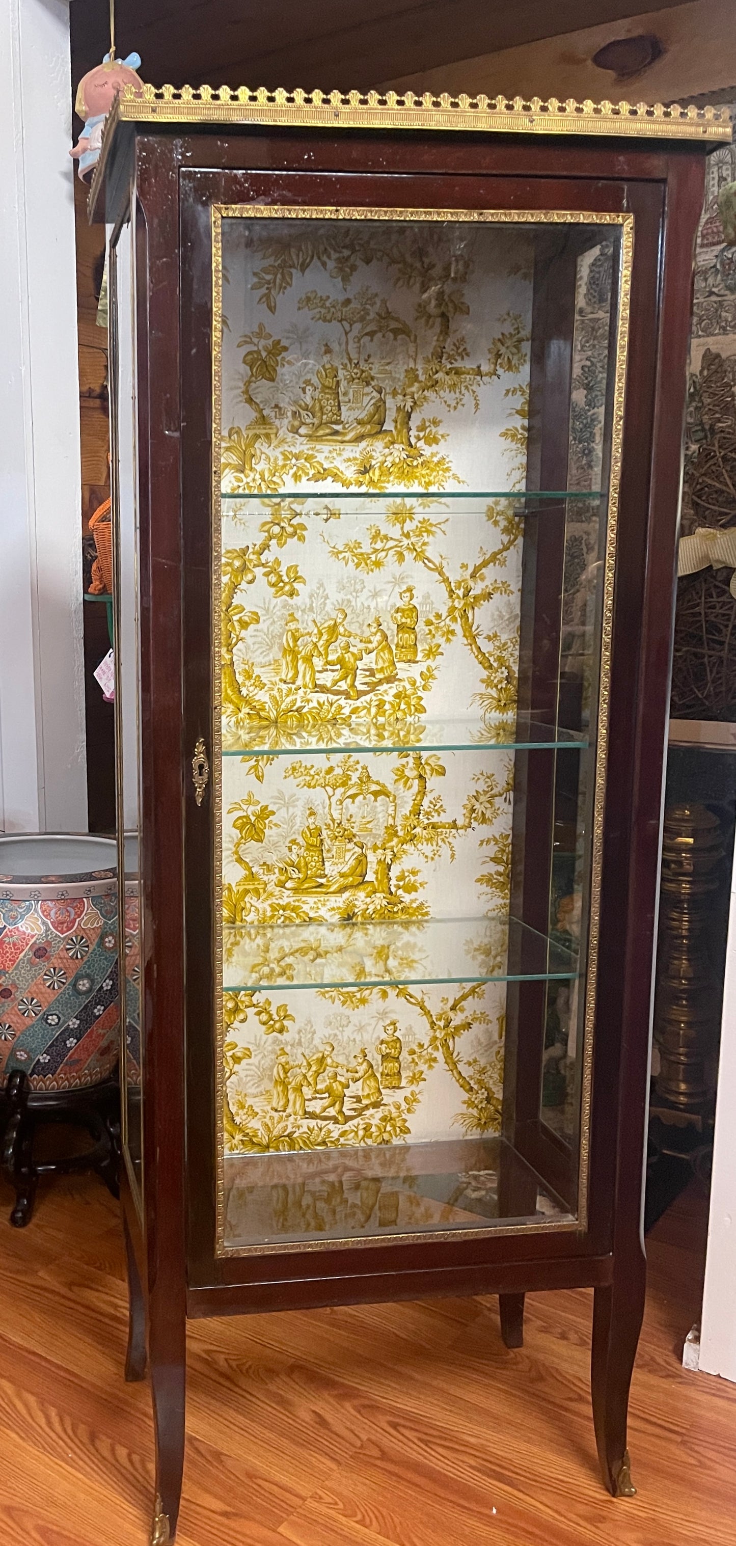 Vintage Mariner Glass Display Cabinet with Golden Chinoiserie Fabric Back & Gilt Gallery, Made in Spain, *PICK UP ONLY*