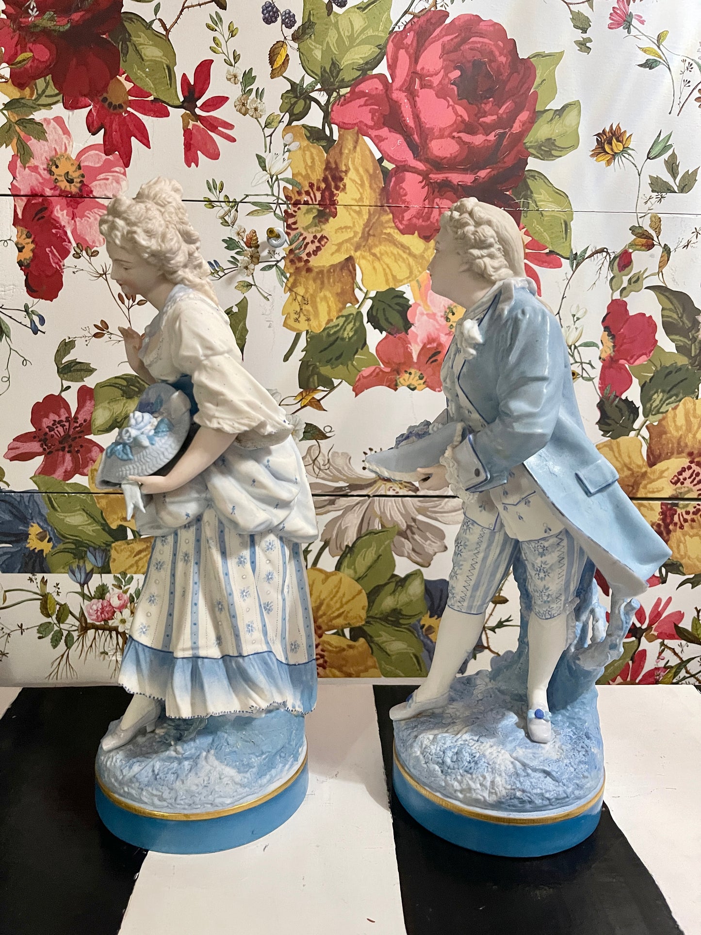Blue and White French Figural Porcelain Statuettes, European Porcelain Bisque, Hand Painted