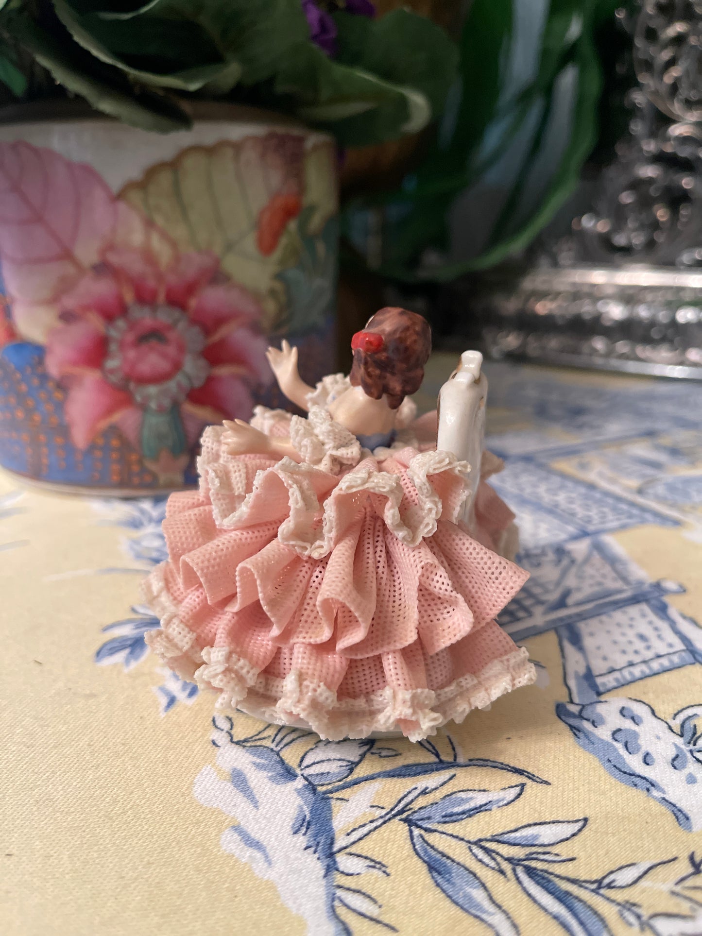 Dresden Figurine Dressed in Pink and White, Vintage Shelf Decor