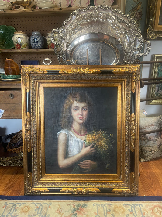 Oil Painting Homage to Alexei Alexeevich Harlamoff’s (1840-1925) PORTRAIT OF A GIRL HOLDING FLOWERS
