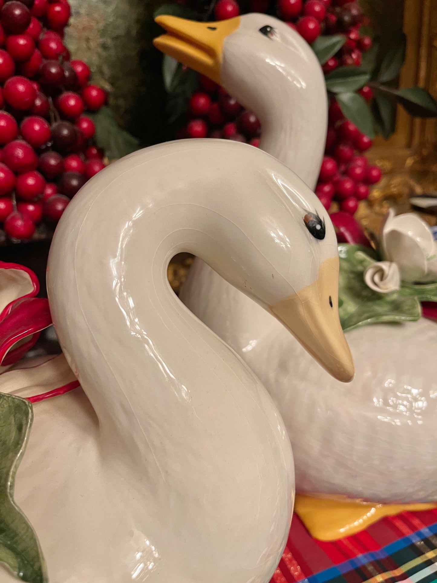 Vintage Christmas Geese with White Flowers and Red Bows, Hand Painted