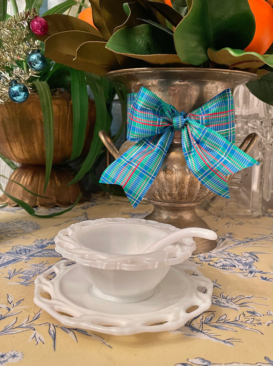 Vintage Imperial Glass Star Holly Milk Glass Bowl, Ladle Spoon, and Underplate