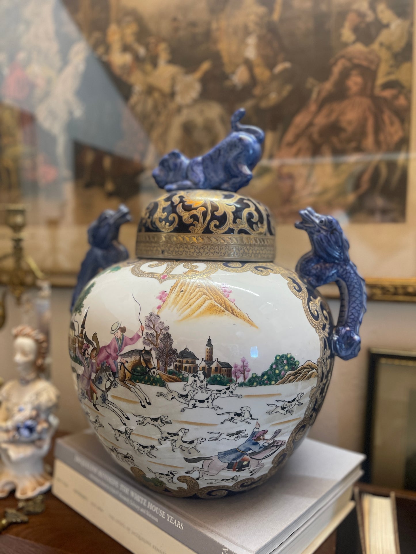 Chinoiserie 15”Ginger Jar, Colonial Hunt Scene, 20th Century