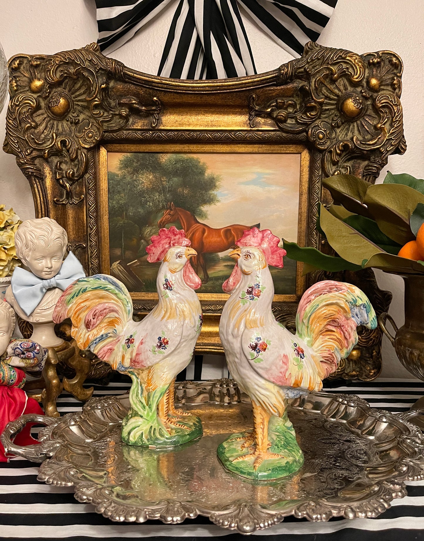 Vibrant Floral Rooster, Hand Painted Pottery, Made in Italy, Vintage