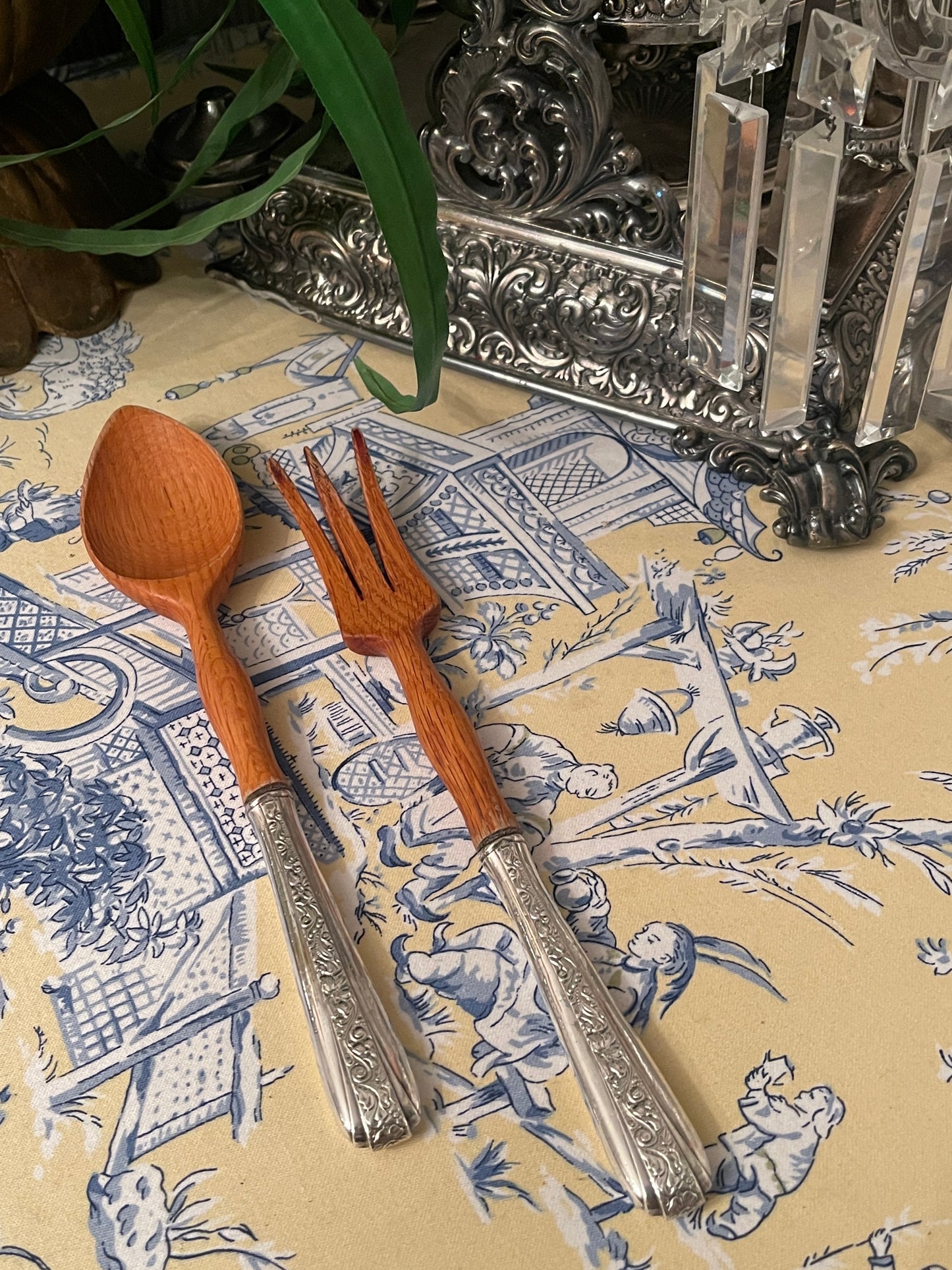 Vintage Sterling Silver and Wood Salad Fork and Spoon Serving Set