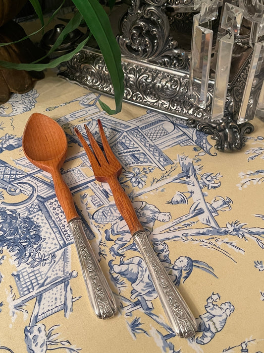 Vintage Sterling Silver and Wood Salad Fork and Spoon Serving Set