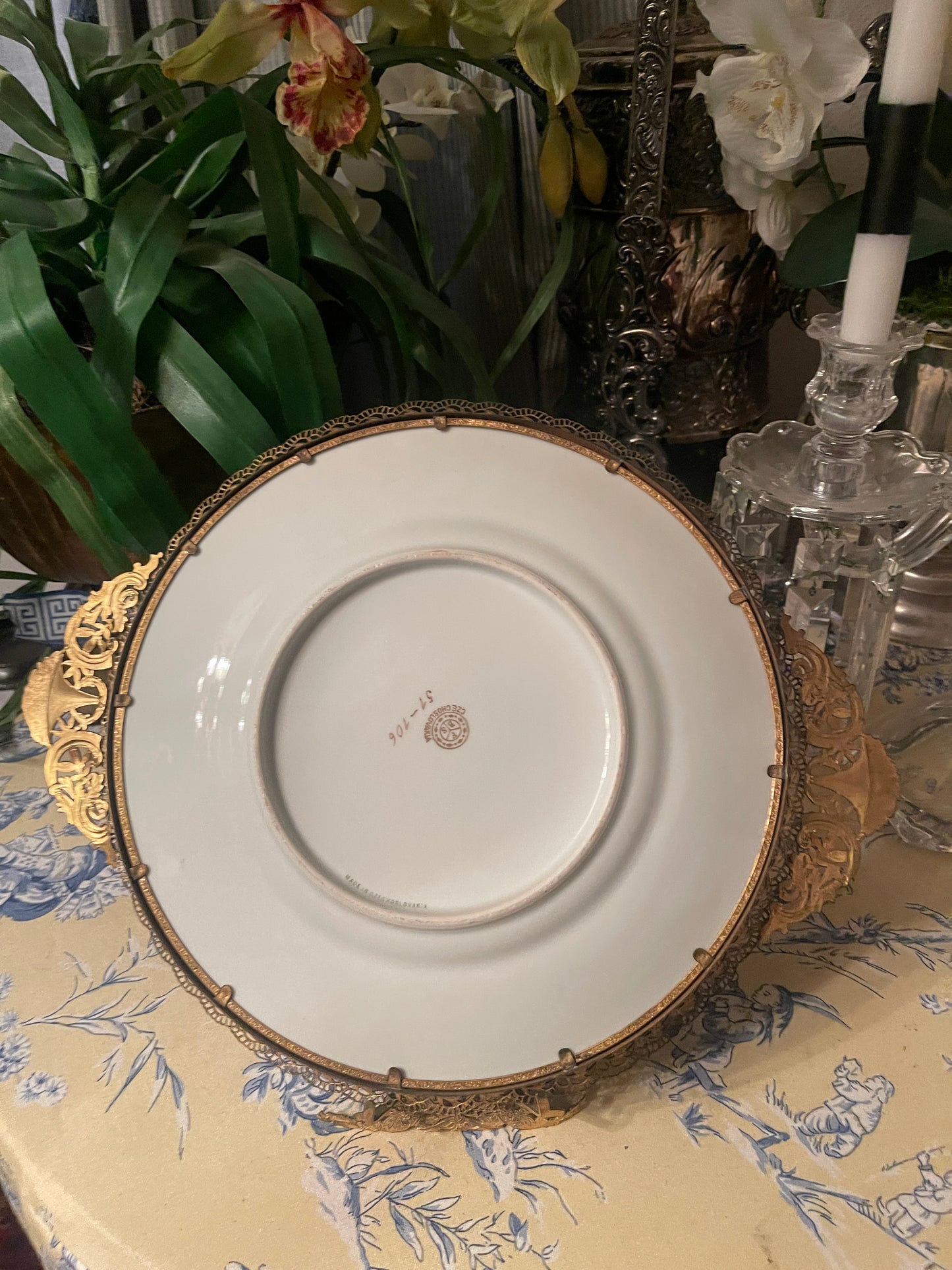 Vintage Neoclassical Porcelain Cabinet Plate with Ornate Holder