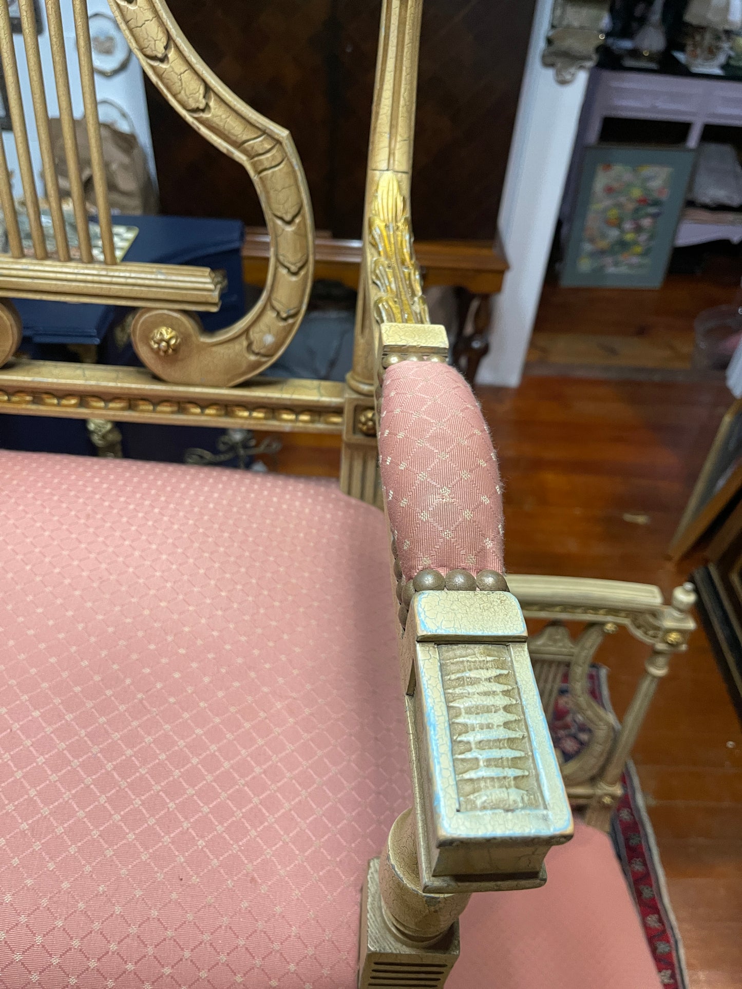 Antique Neoclassical Lyre Back Settee – Gilt Detailing & Blush Upholstery