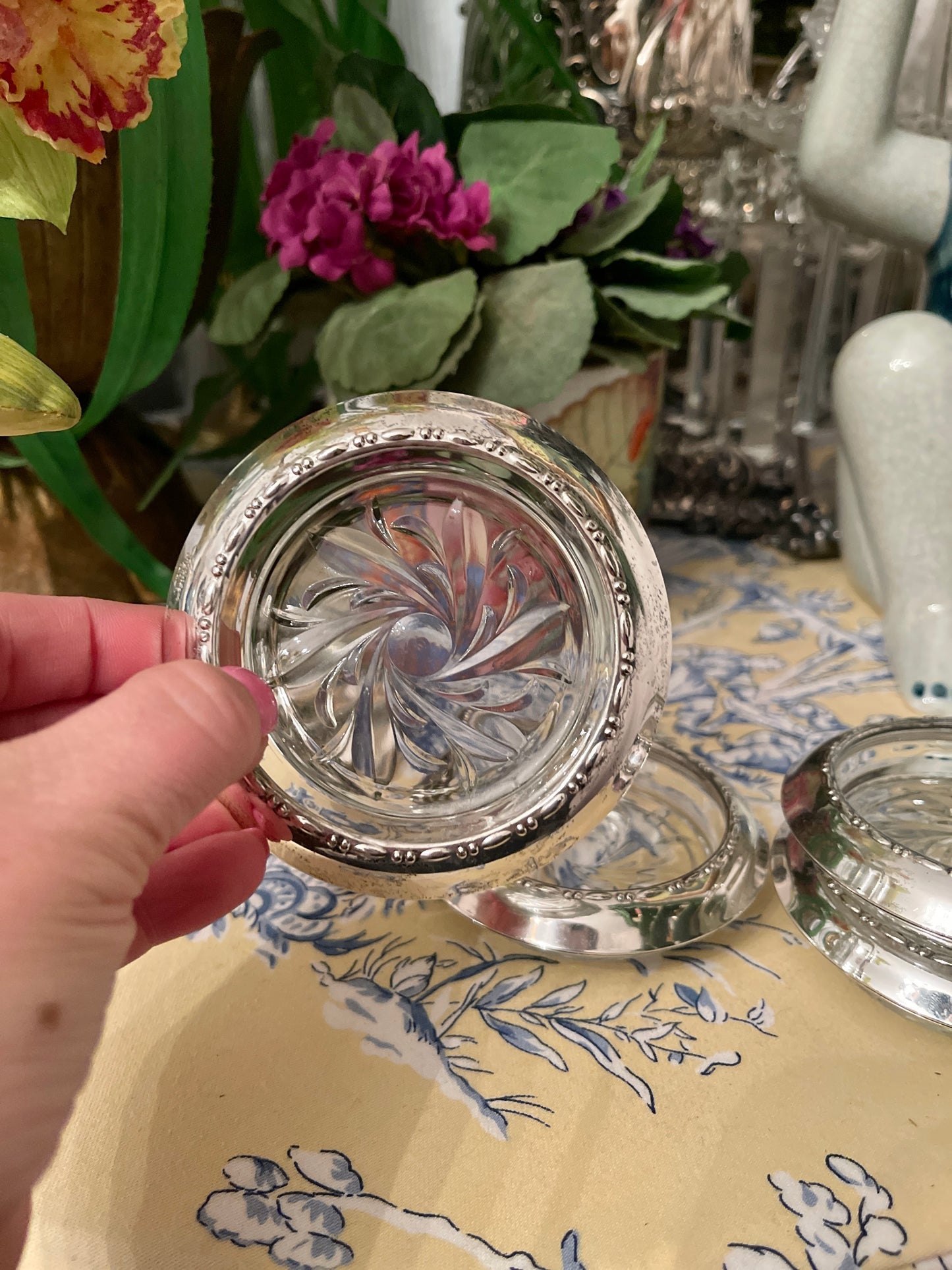 Vintage Sterling Silver and Crystal Georgian Bead by Amston Coaster Set, Set of Six, Southern Estate Decor