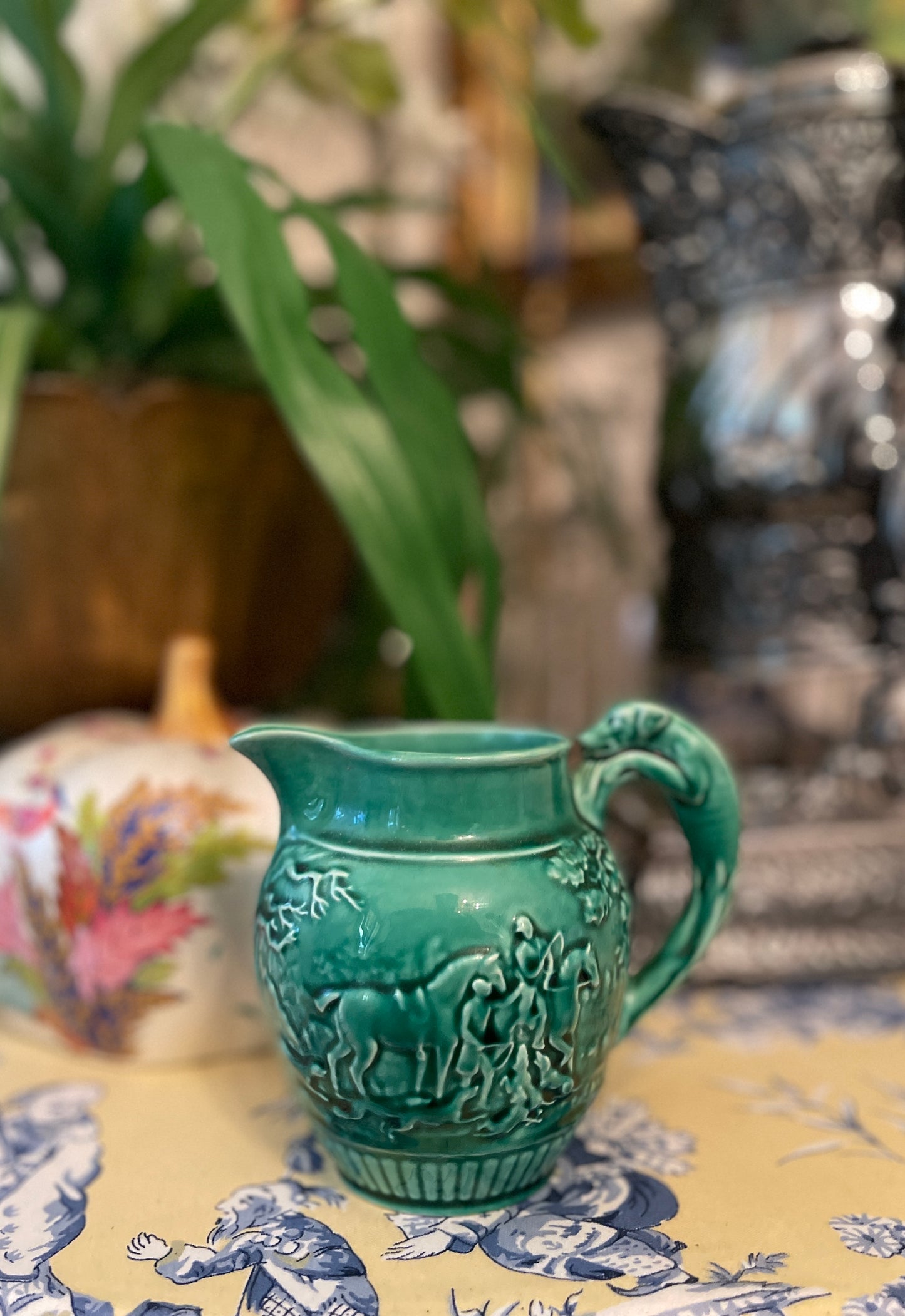 Majolica Wedgwood of Etruria & Barlaston Pitcher/Creamer, Made in England, Vintage, Green Equestrian