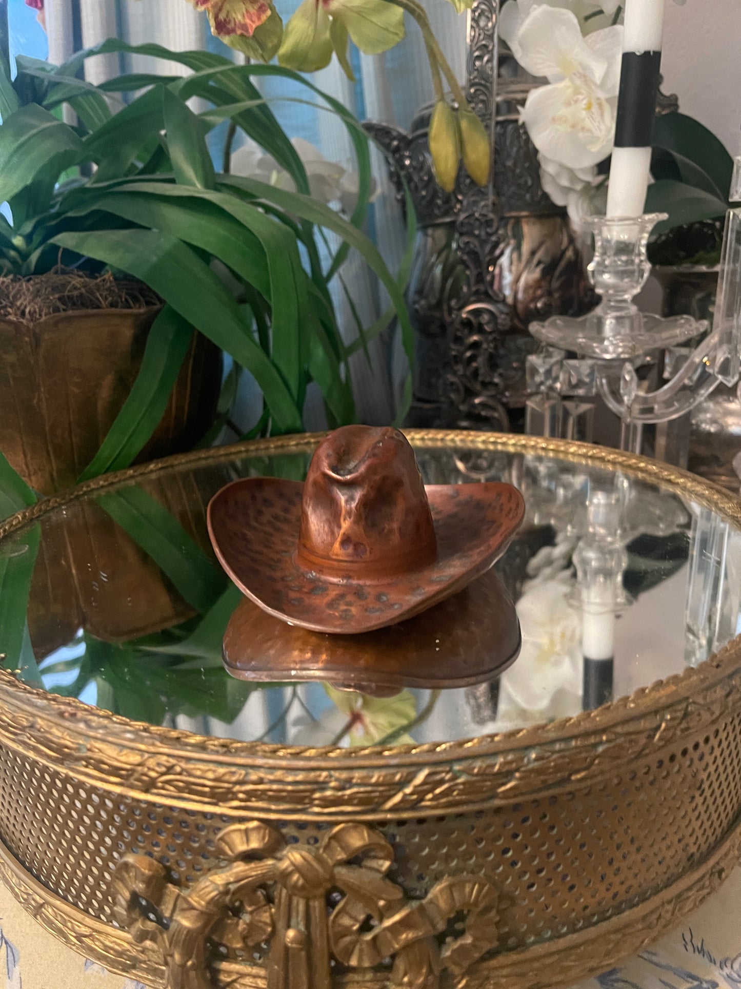 Vintage Hammered Copper Cowboy Hat, Round Top Favorite