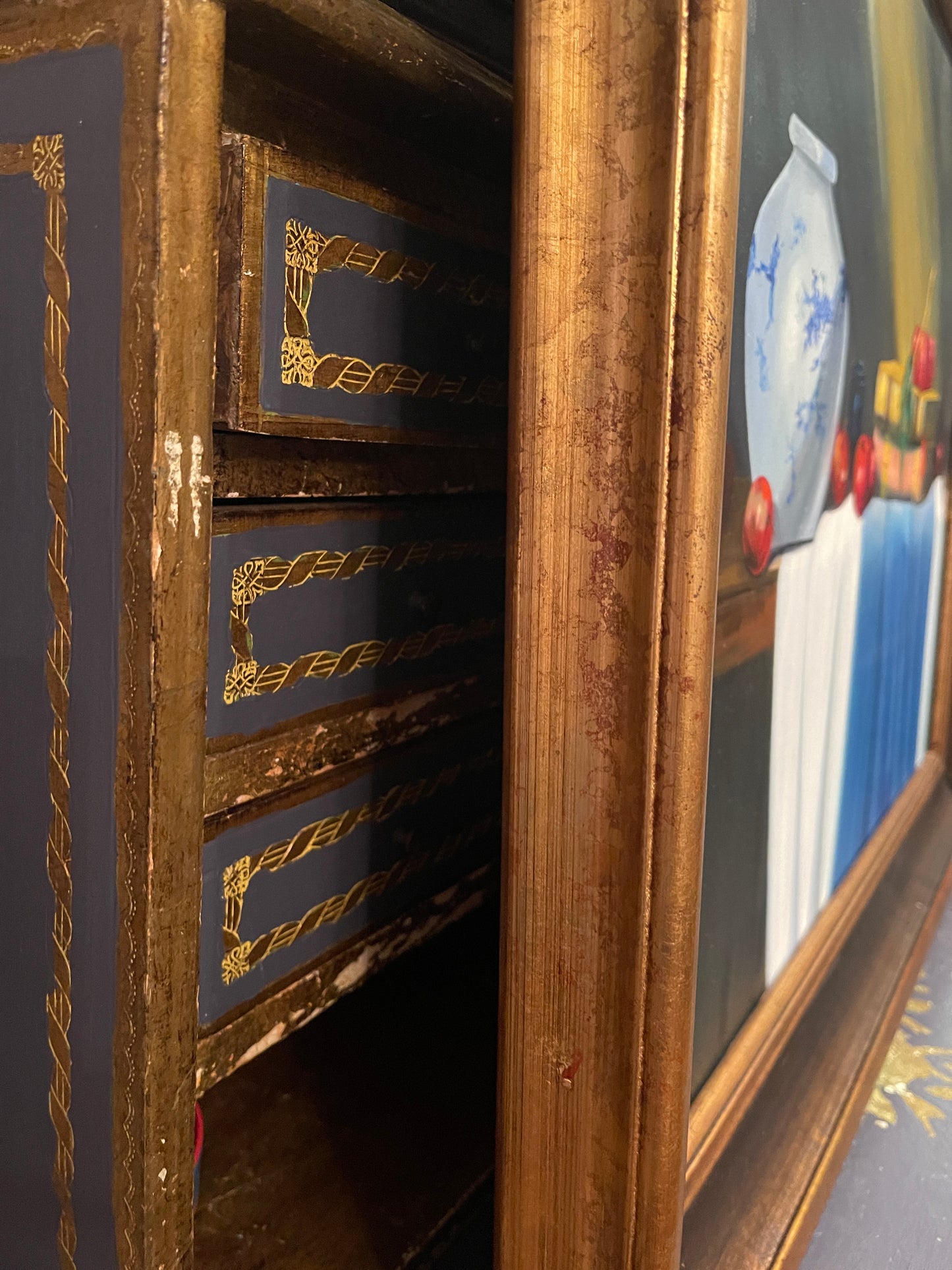 Blue and White Chinoiserie Vase with Books and Fruit Original Painting, Estate Art
