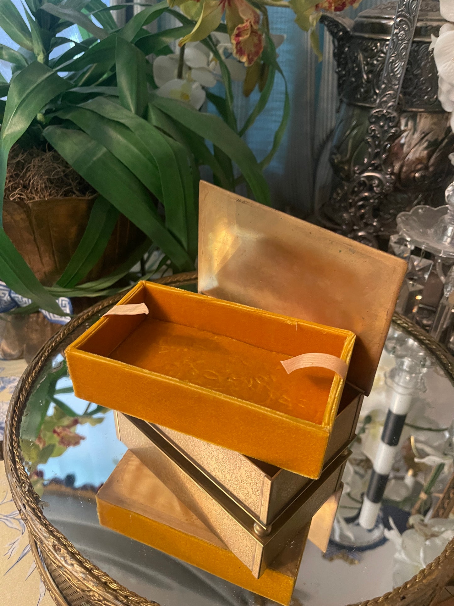Antique Louis C Tiffany Furnaces Gold Dore’ Bronze Casket with Glass Inlay and Original Insert, Fantastic Estate Decor