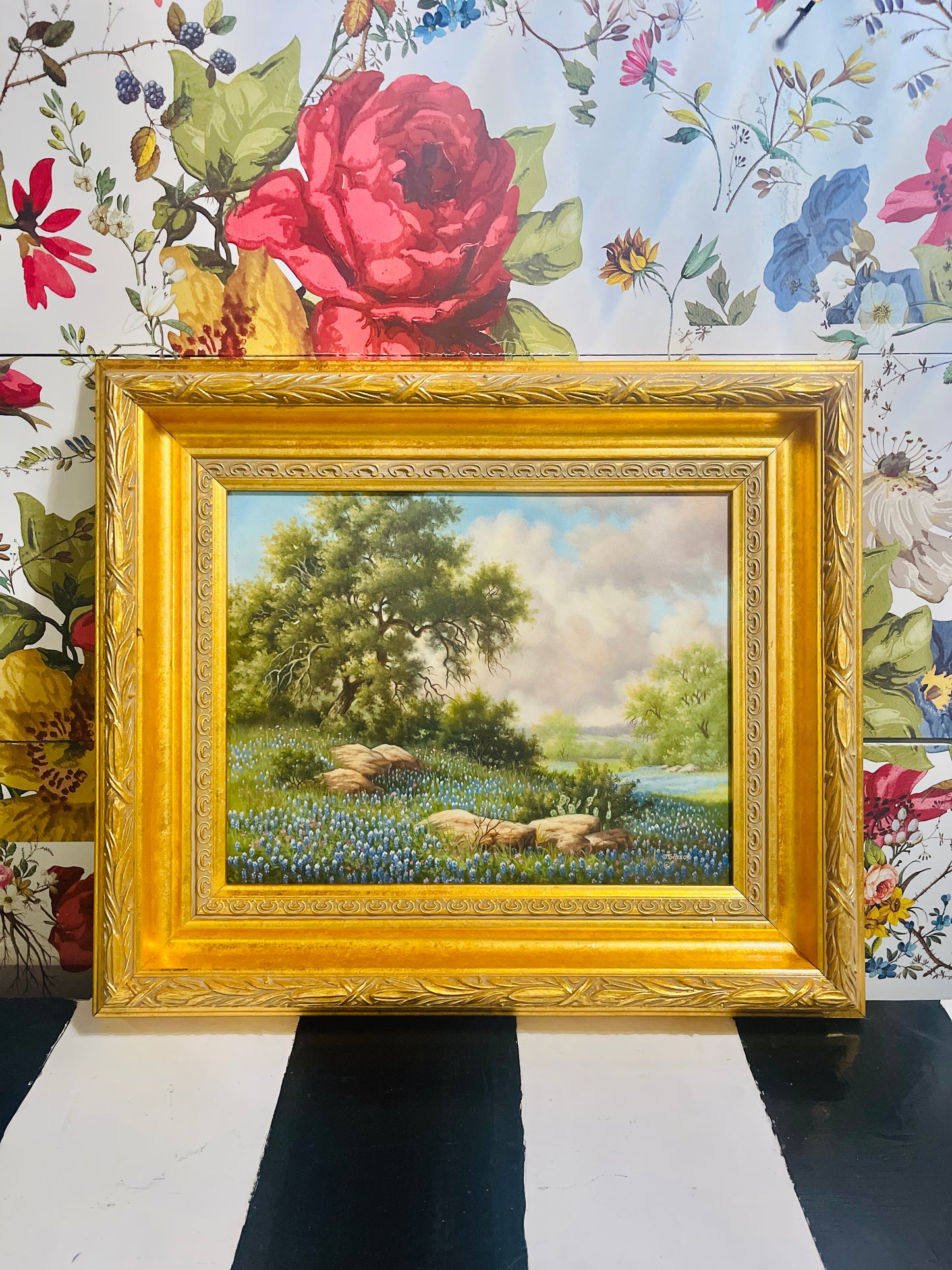 Vintage Texas Hill Country Landscape with Bluebonnets by Listed Artist, Judy Gibson