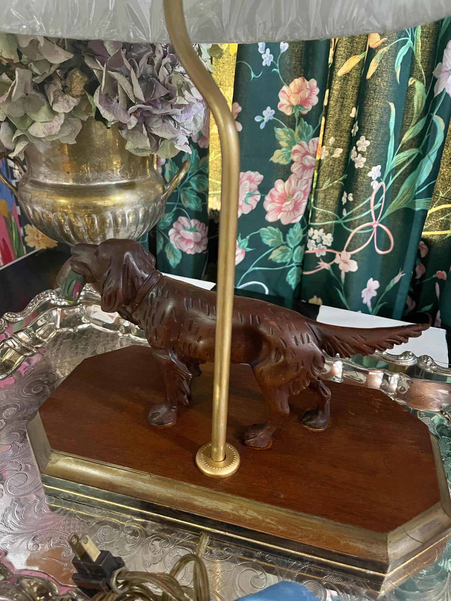 Vintage English Setter with Pheasant Hunting Dog Lamp with Light Sage Striped Pleated Shade, Carved Wood