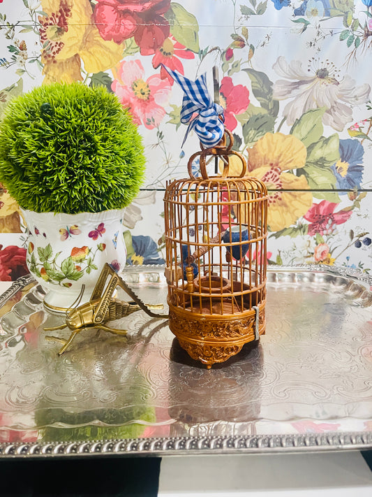 Vintage Chinoiserie Bird Cage with Porcelain Pot Feeders