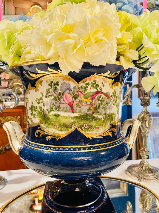 Large French-Style Cobalt Porcelain Urn Cachepot with Hand-Painted Birds