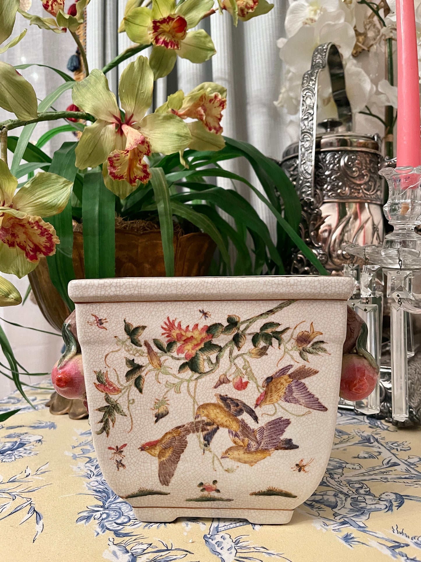 Vintage Chinoiserie Bird Footed Cachepot Planter with Applied Fruit Handles