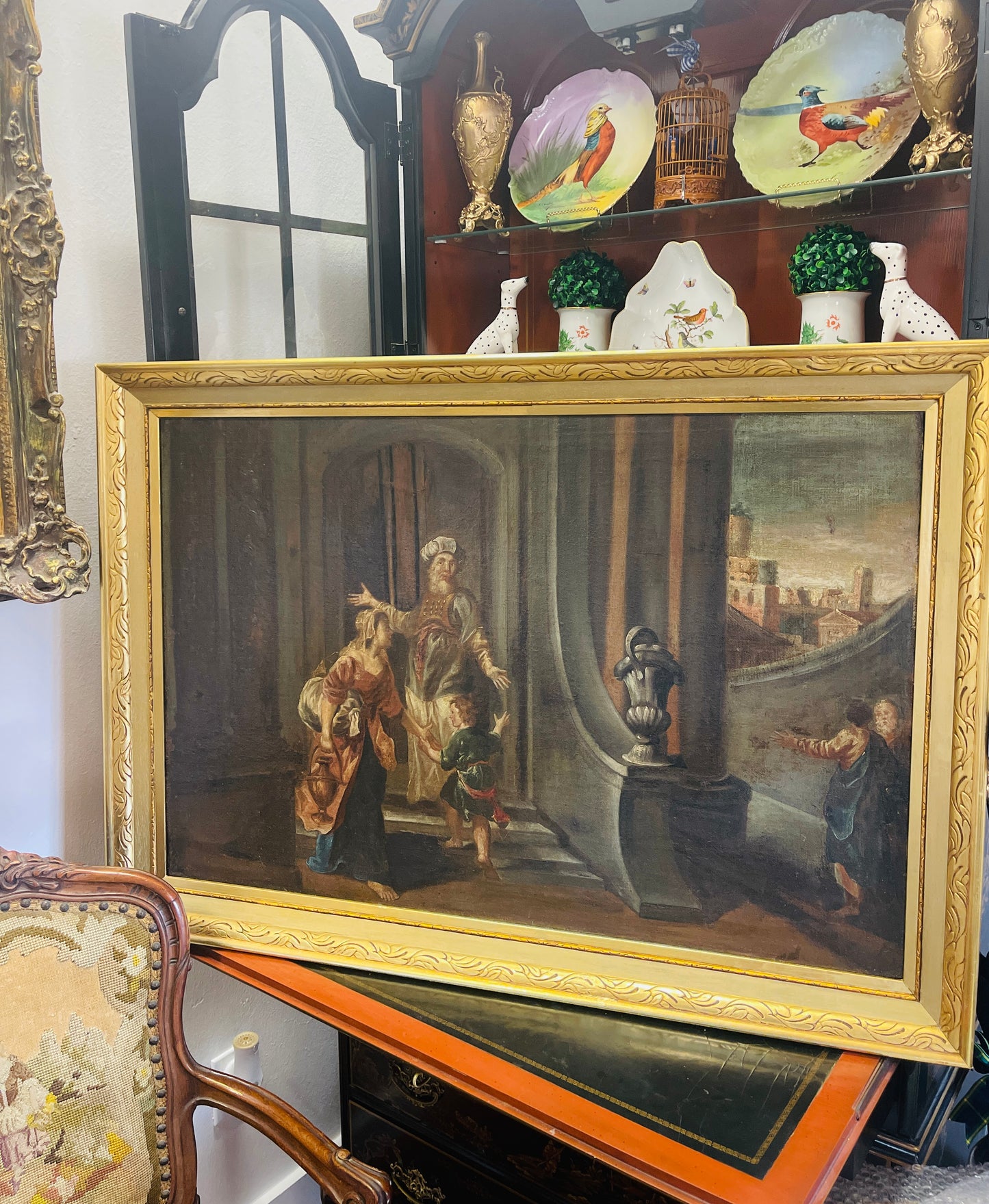 Antique Master Oil Painting, Christ in the Temple as a Child, Biblical Scene in Grand Architectural Setting, Jesus, Estate Art