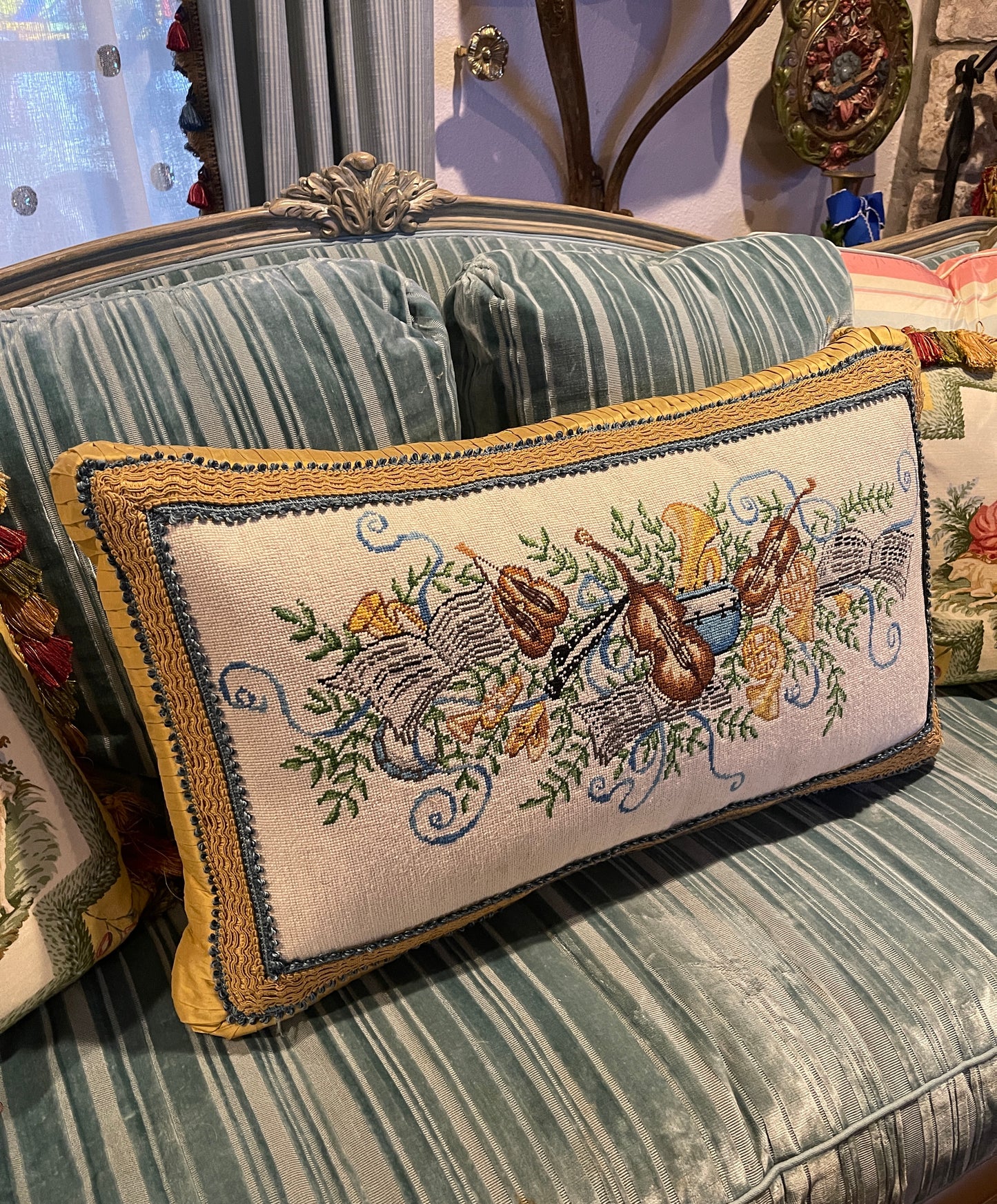 Vintage Musical Needlepoint Pillow with Blue Trim and Shantung Silk