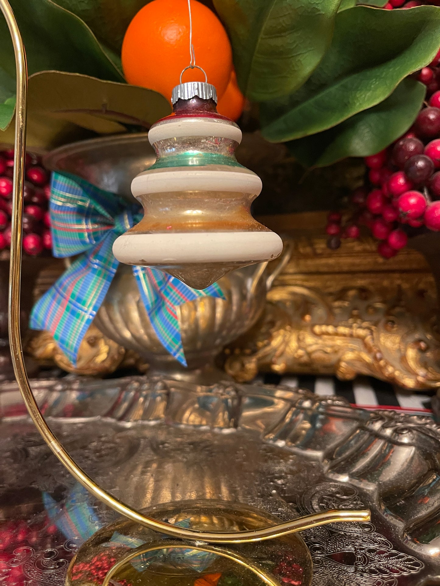 Vintage Shiny Brite Striped Mica UFO Tree Ornament Pair, Mid Century, Holiday Estate Decor
