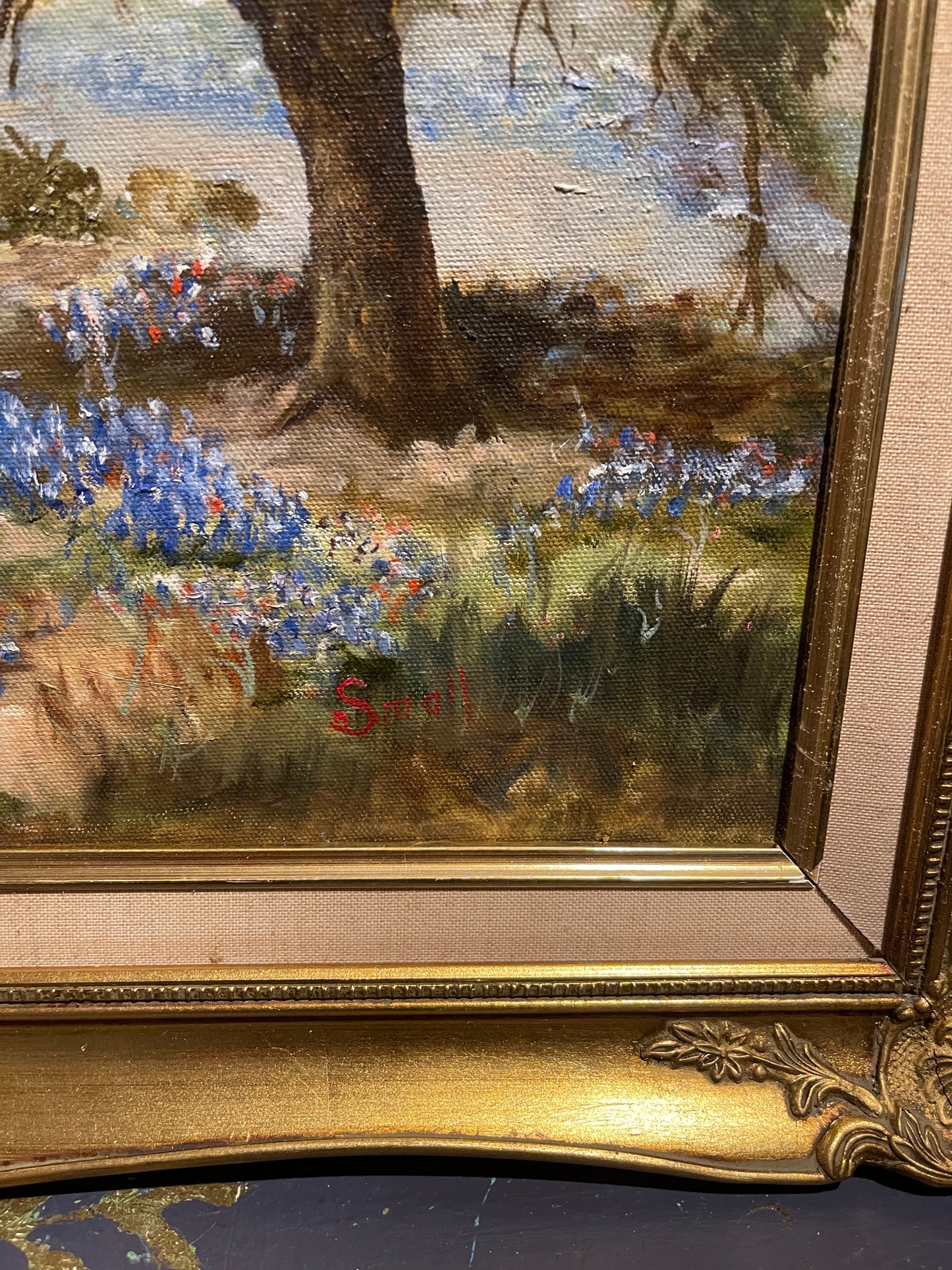 White Country Church in a field of Bluebonnets, Vintage Painting, Gold Frame