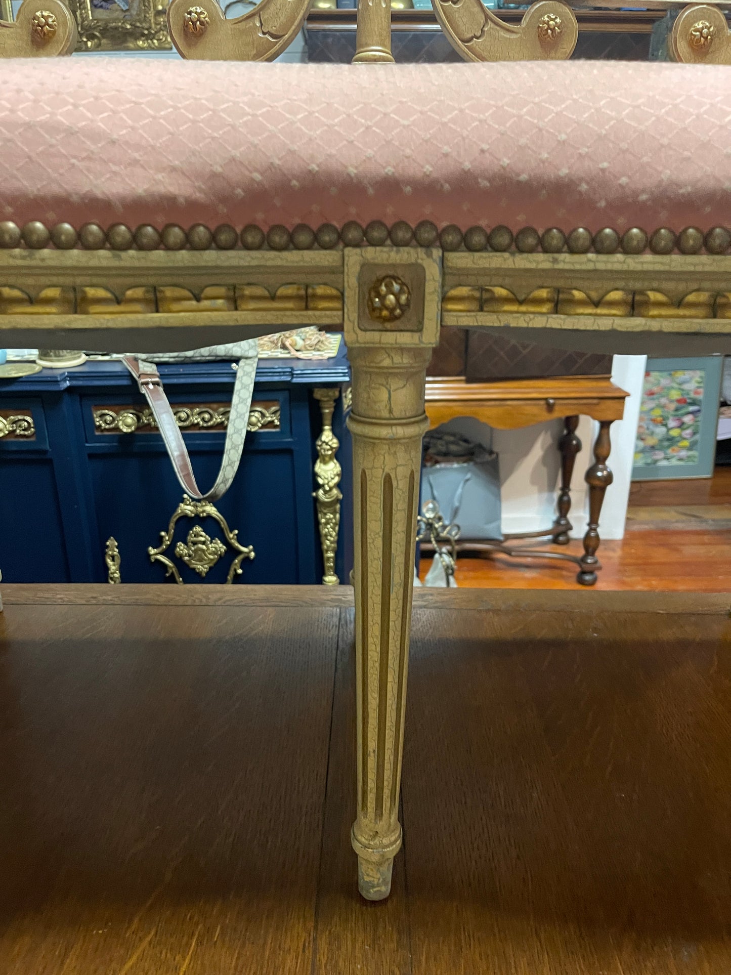 Antique Neoclassical Lyre Back Settee – Gilt Detailing & Blush Upholstery