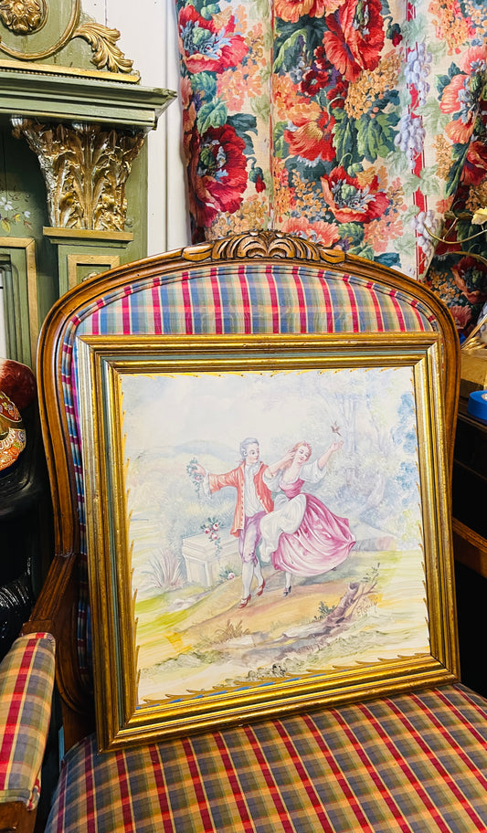 Large Framed Vintage Porcelain Plaque | Rococo Courting Scene with Hand-Painted Details | Giltwood Frame