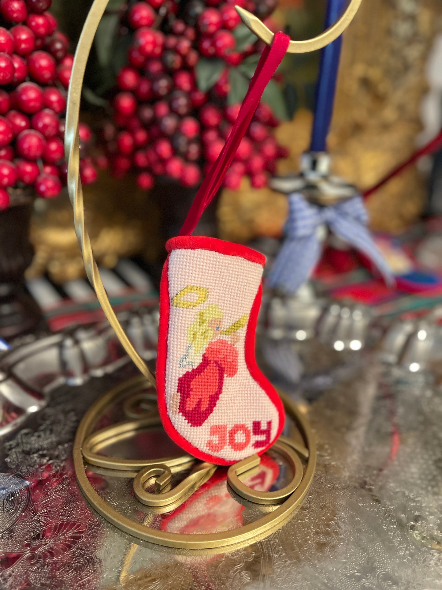 Vintage Needlepoint Stocking with an Angel and Joy, Christmas Ornament