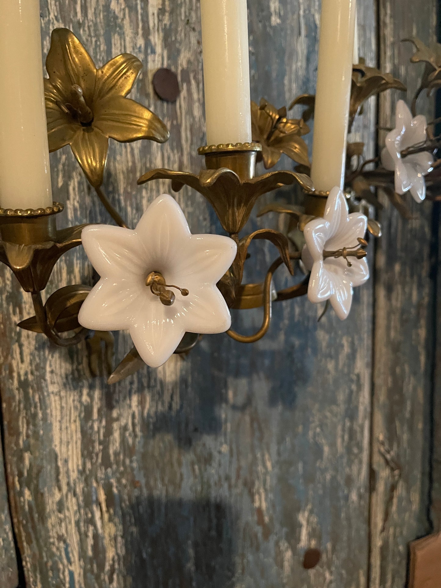 Antique French Church Gold Tole and Milk Glass Wall Sconces, Pair