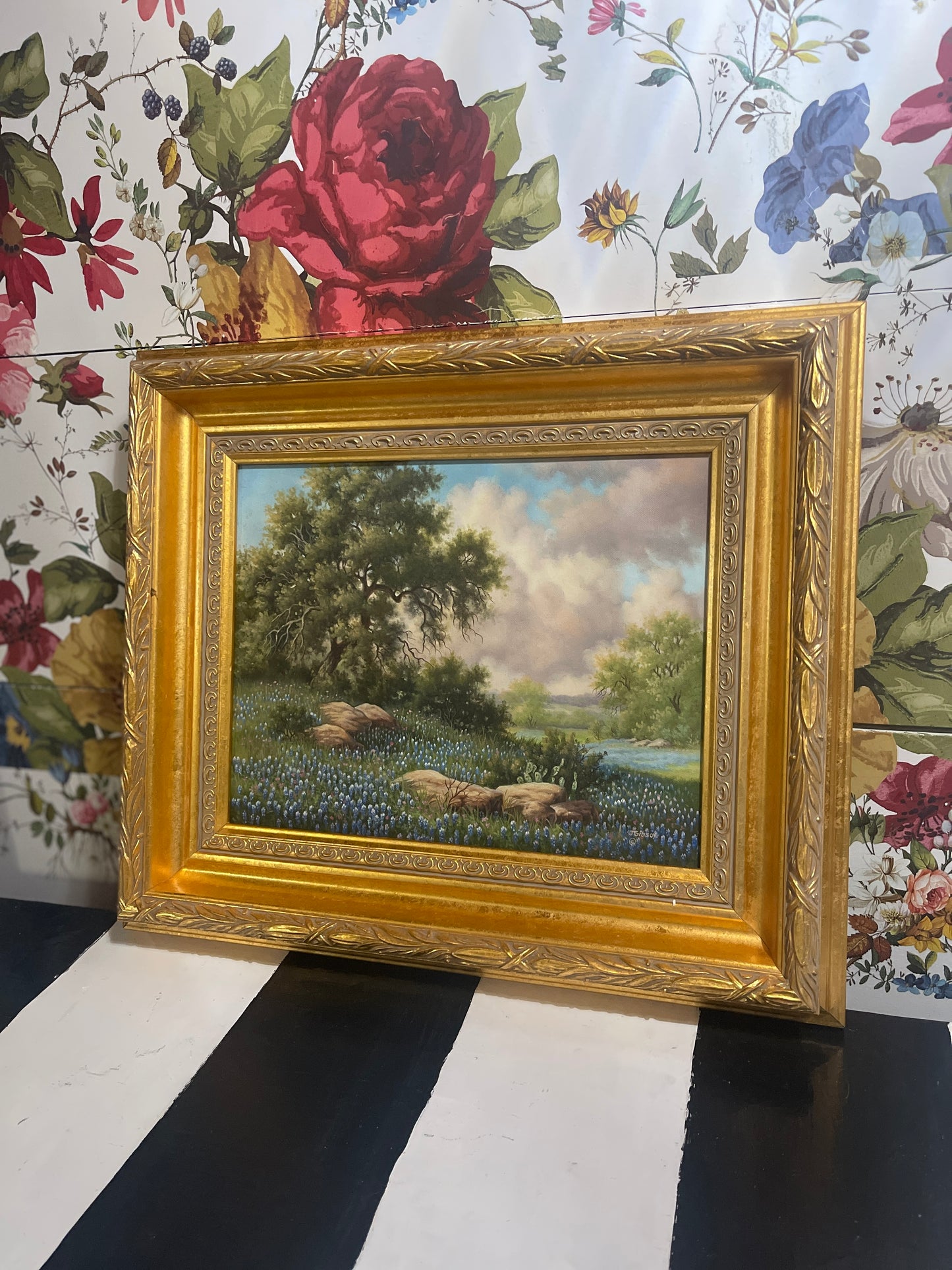 Vintage Texas Hill Country Landscape with Bluebonnets by Listed Artist, Judy Gibson