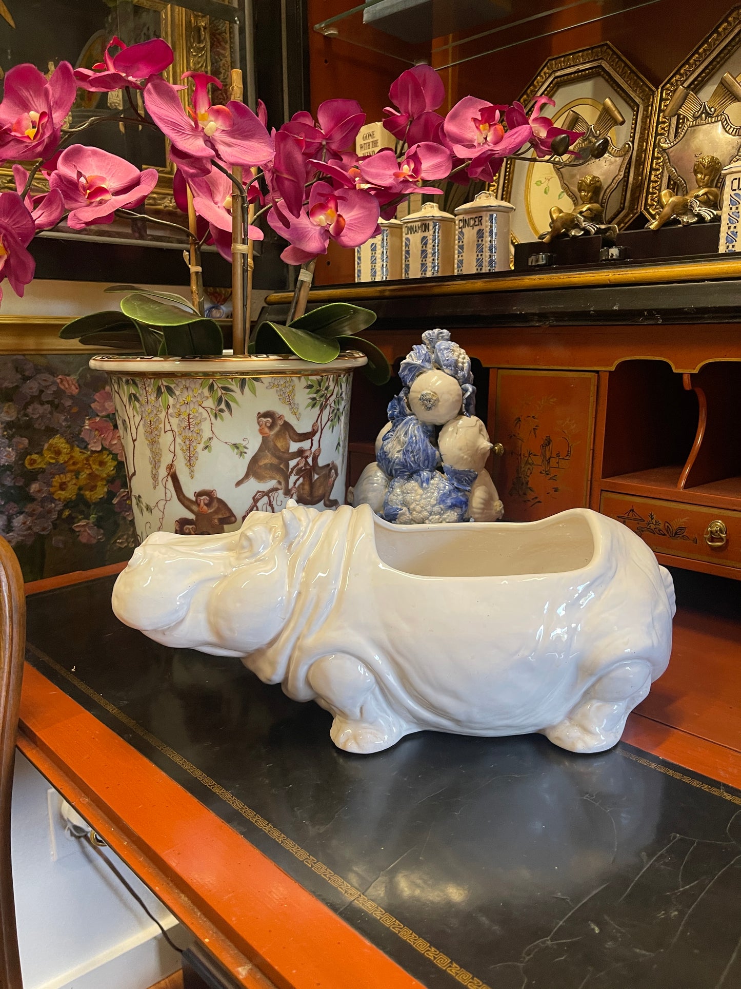Whimsical Vintage Glazed Pottery Hippo Planter, Italian